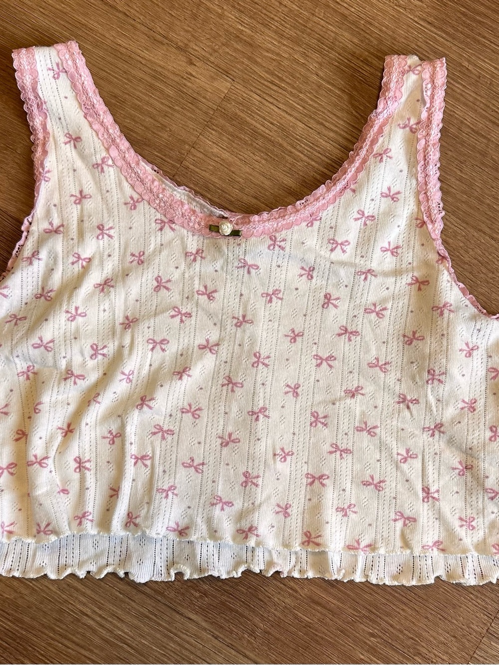 Girls White Crop Tank with Pink Bow Print and Lace Trim